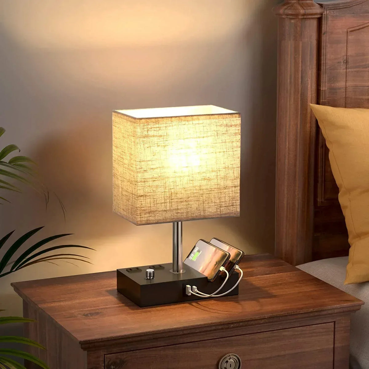 GPED Bedside Table Lamp for Bedroom with Dual Fast USB Charging Ports, Fully Dimmable Nightstand Lamps with 2 Phone Stands and 2 Charging Outlets, Desk lamp with Fabric Shade for Living Room