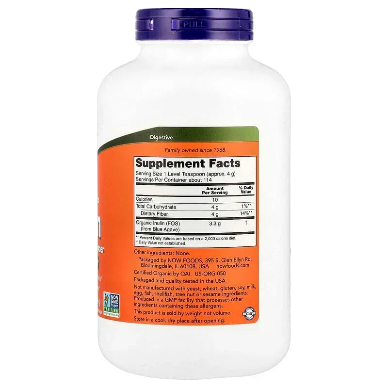 NOW Foods, Certified Organic Inulin, Prebiotic Pure Powder