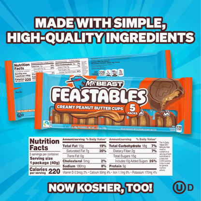 Feastables MrBeast Chocolate Peanut Butter Cups, 1.41 oz (40g), 5 Count