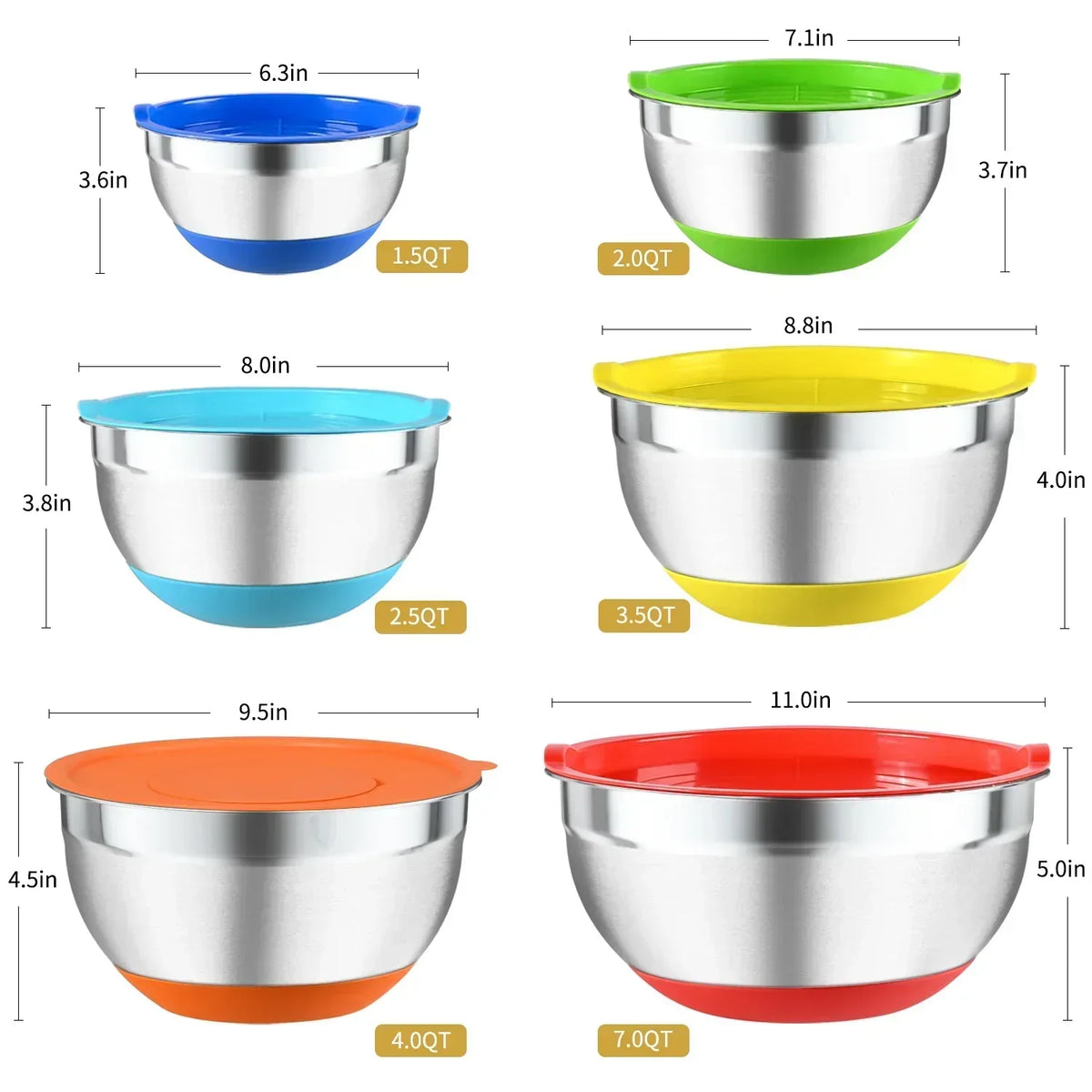 TINANA 26PCS Stainless Steel Mixing Bowls with Lids Set, Nesting Mixing Bowl Set with Non-Slip Bottom Graters Tools Gadgets, 7/4/3.5/2.5/2/1.5QT Metal Salad Bowls for Serving Prepping Baking