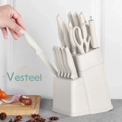 Vesteel Knife Set for Kitchen with Block, 15 Pcs High Carbon Stainless Steel Kitchen Knife Set with Self Sharpening