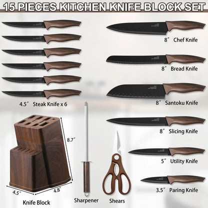 Walchoice 15 Pieces Knife Set with Block, High Carbon Stainless Steel Kitchen Knife Set with Sharpener, Rust Resistant & Dishwasher Safe