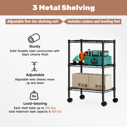 edx 3 Tier Metal Shelving Unit, 23.62"W x 13.78"D x 30"H Height Adjustable Wire Storage Shelves Holds Up to 750 LBS, Black