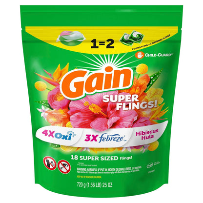 Gain Happy Super-Sized Flings Laundry Detergent Packs, Hibiscus Hula Scent, 18 Count