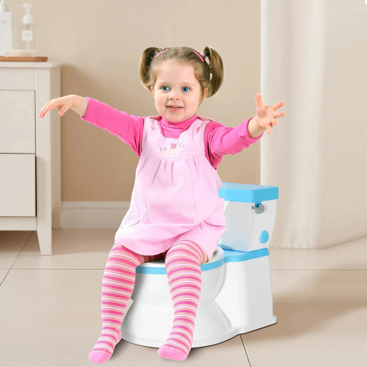 2-in-1 Toddler Potty Training Toilet with Flushing Sound,Blue – Detachable Seat for Boys & Girls, Wipes & Toilet Paper Storage, Easy Clean