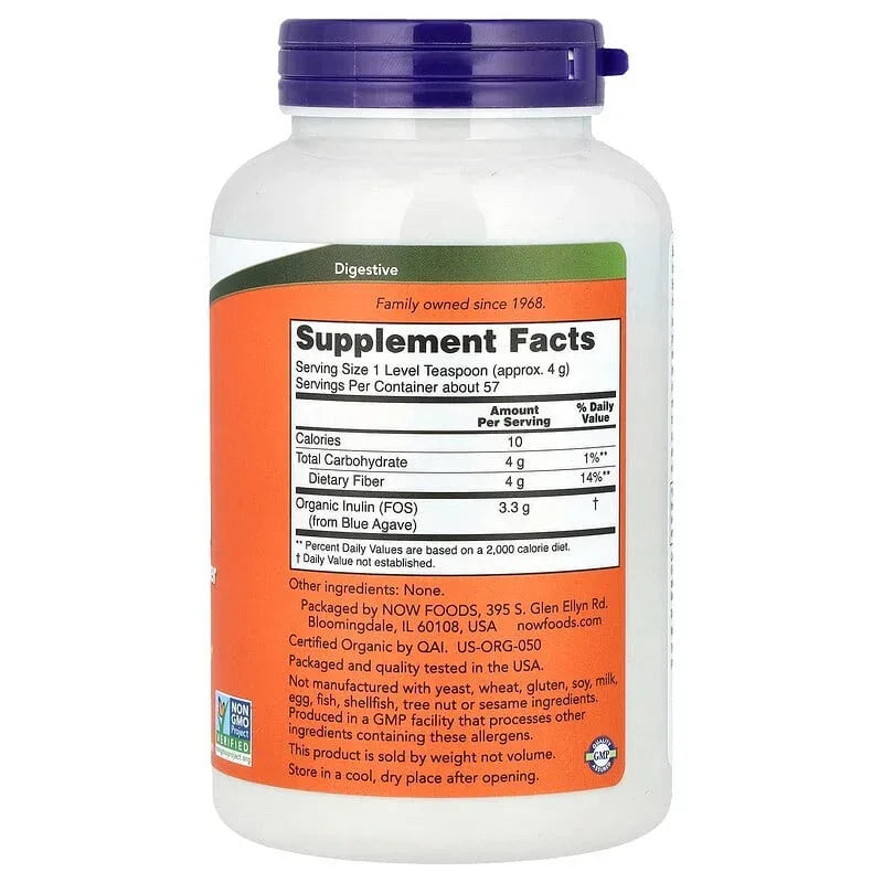 NOW Foods, Certified Organic Inulin, Prebiotic Pure Powder