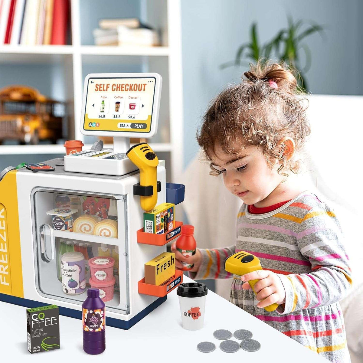 Adofi 46PCS Cash Register for Kids, Kids Pretend Play Toys with Scanner, Shopping Cart, Calculator, Play Food, Toddler Toys for Boys Girls, Toys for Girls 3 6 Years, Kids Toys Cash Register-Yellow