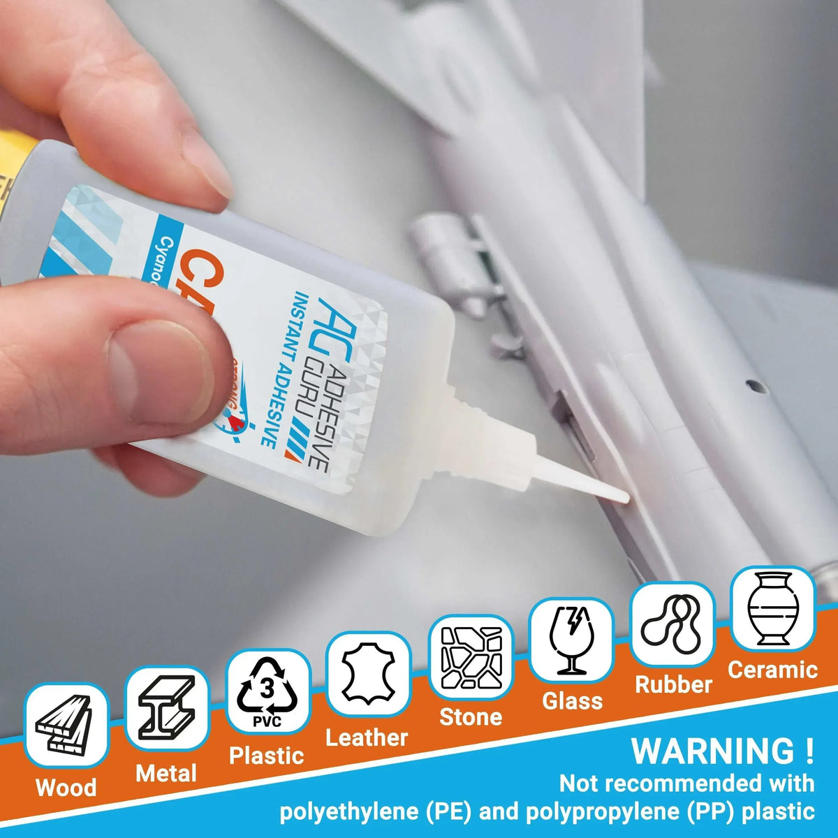 Adhesive Guru -Premium Cyanoacrylate Super Glue (1.7 oz - 6.76 fl oz) for Woodworking, Plastic, Metal, Leather, DIY, Ceramic & Craft | Instant Bond