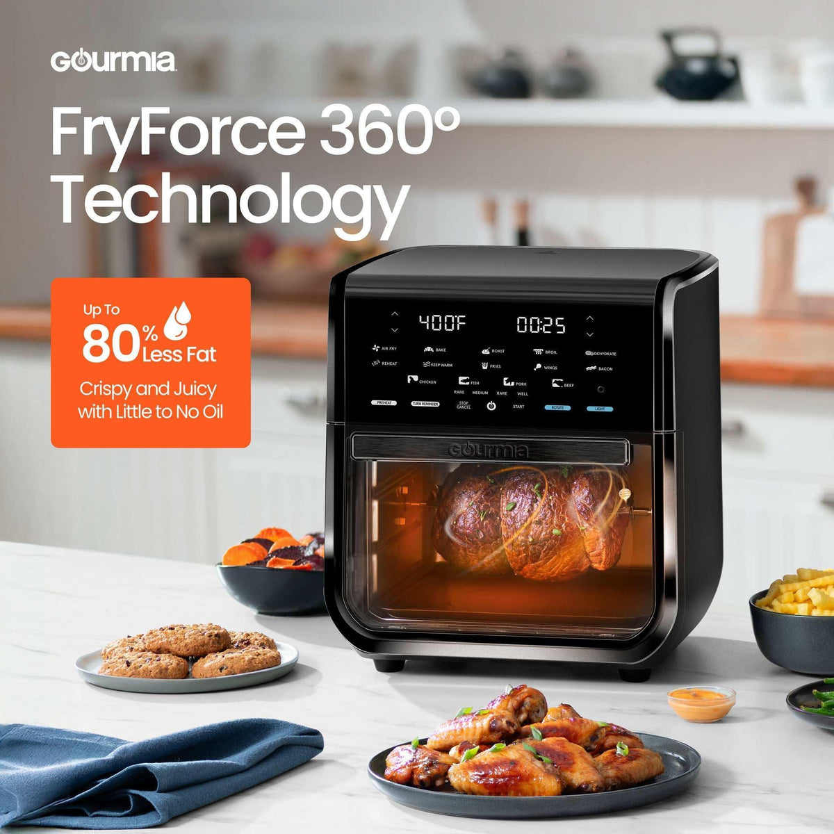 Gourmia All-in-One 14-Quart Air Fryer, Oven, Rotisserie, Dehydrator with Temperature Probe, Stainless Steel
