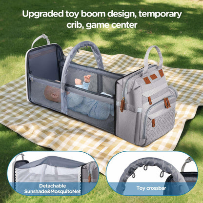 Babyomi Diaper Backpack with Changing Station, Foldable Crib, Insulated Pocket & USB Port, Large Travel Bag for Moms and Dads, Grey