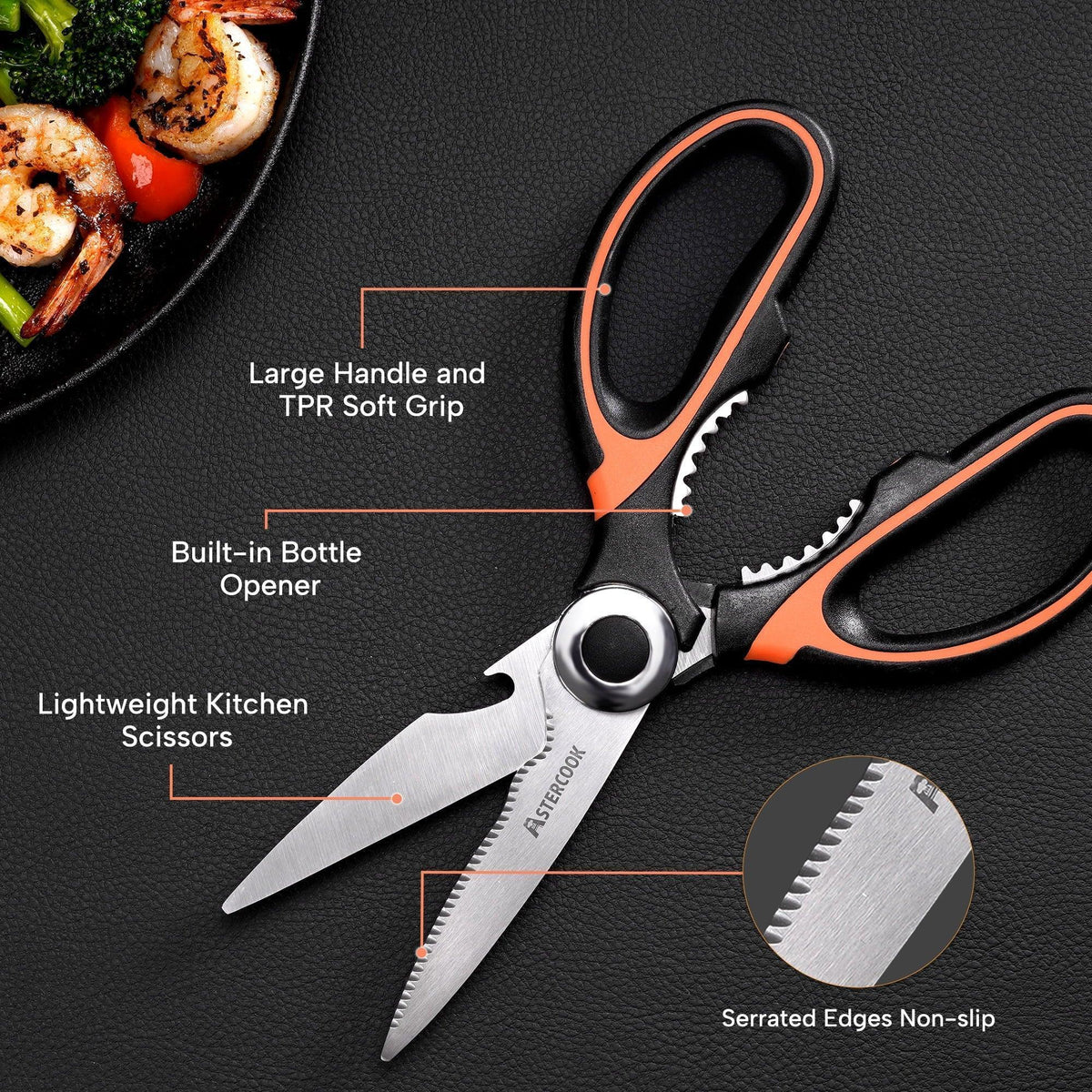 Astercook 2 Pcs Kitchen Scissors, Heavy Duty Shears with Serrated Blade, Ergonomic Handle Food Scissor for Poultry, Herbs, Vegetables Dishwasher Safe