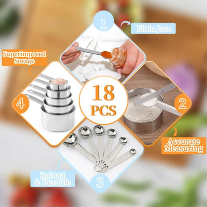 WEPSEN 18-Piece Stainless Steel Measuring Cups and Spoons Set,5 Stainless Steel Nesting Measuring Cups & 6 Spoons,1 Leveler & 5Mini Measuring Spoons,1Tbsp Coffee Scoop with Clip for Cooking & Baking