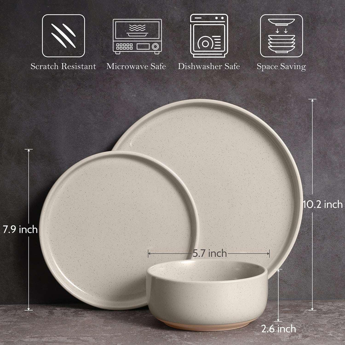 Vesteel 12-Piece Dinnerware set, Ceramic Plates and Bowls set for 4, Speckled Stoneware Dishes Set for Family, Microwave & Dishwasher Safe - Cappuccino Brown