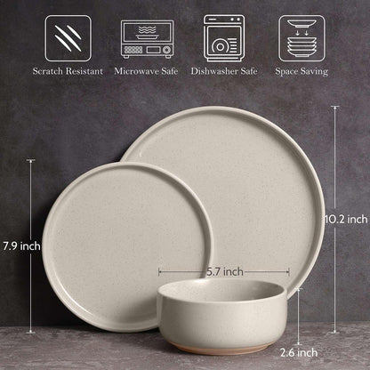 Vesteel 12-Piece Dinnerware set, Ceramic Plates and Bowls set for 4, Speckled Stoneware Dishes Set for Family, Microwave & Dishwasher Safe - Cappuccino Brown