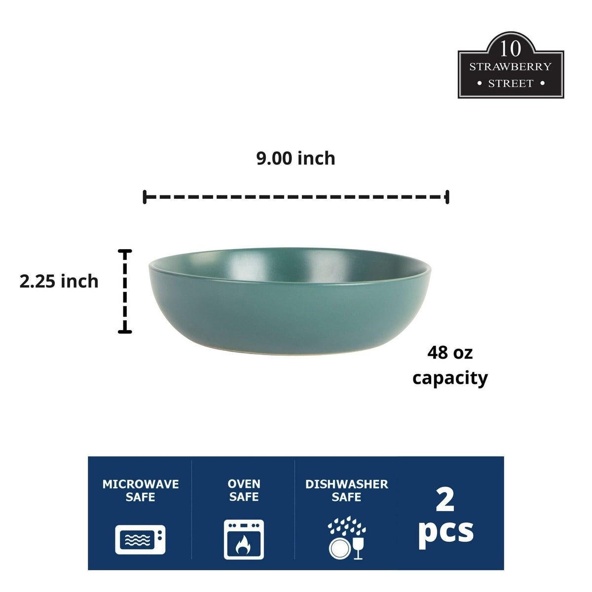 10 Strawberry Street Wazee Matte 9"/48oz Serving Bowl, Set of 2, Emerald Green