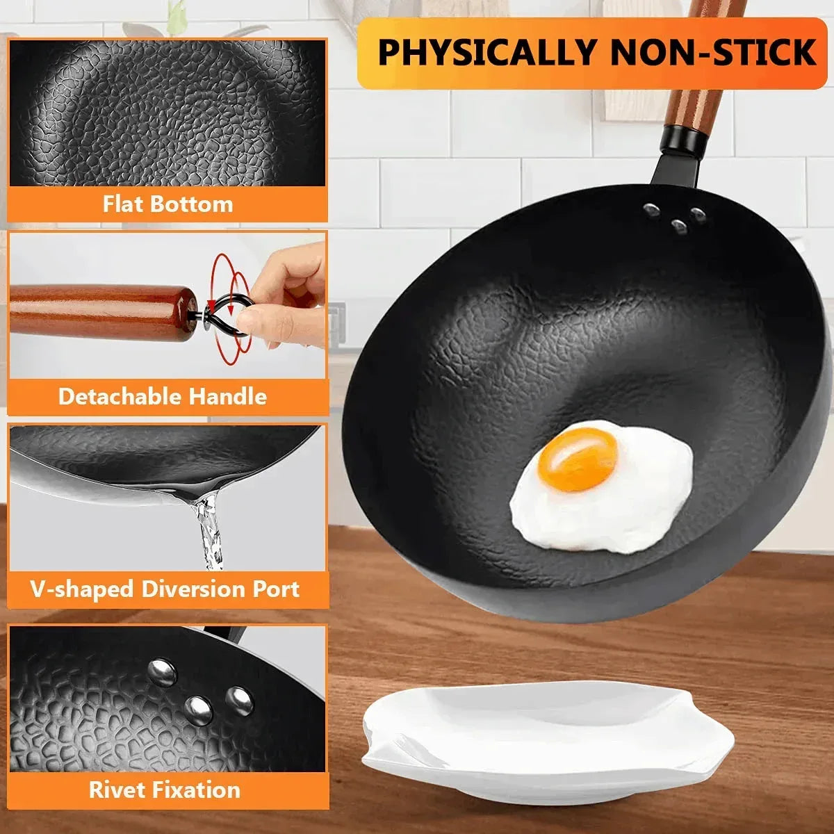 TAIMASI Carbon Steel Wok Pan, 14 Piece Woks & Stir-Fry Pans Set with Wooden Lid & Cookwares, Non-Stick Flat Bottom Chinese Woks Pan for Induction, 12.6''