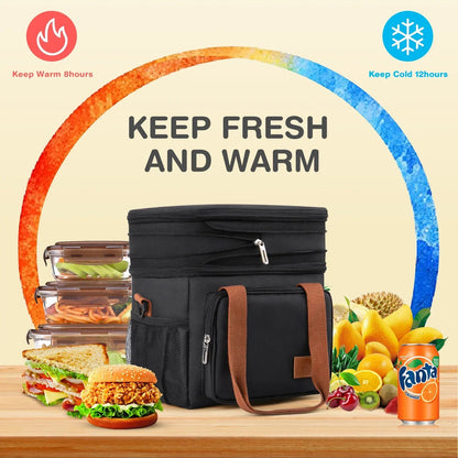 Insulated Lunch Bag for Women/Men, 17L Expandable Double Deck Lunch Cooler Box, Lightweight Leakproof Lunch Tote Bag W/ Side Tissue Pocket&Adjustable Shoulder Strap, Suit for Work,Picnic,Black