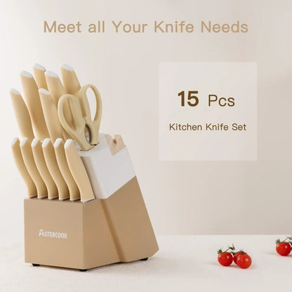 Astercook Knife Set, 14 Pieces Kitchen Knives Set with Healthy Anti-Rust Coating, Stainless Steel Knife Sets with Built-in Sharpener, Sharp & Rust Resistant Dishwasher Safe