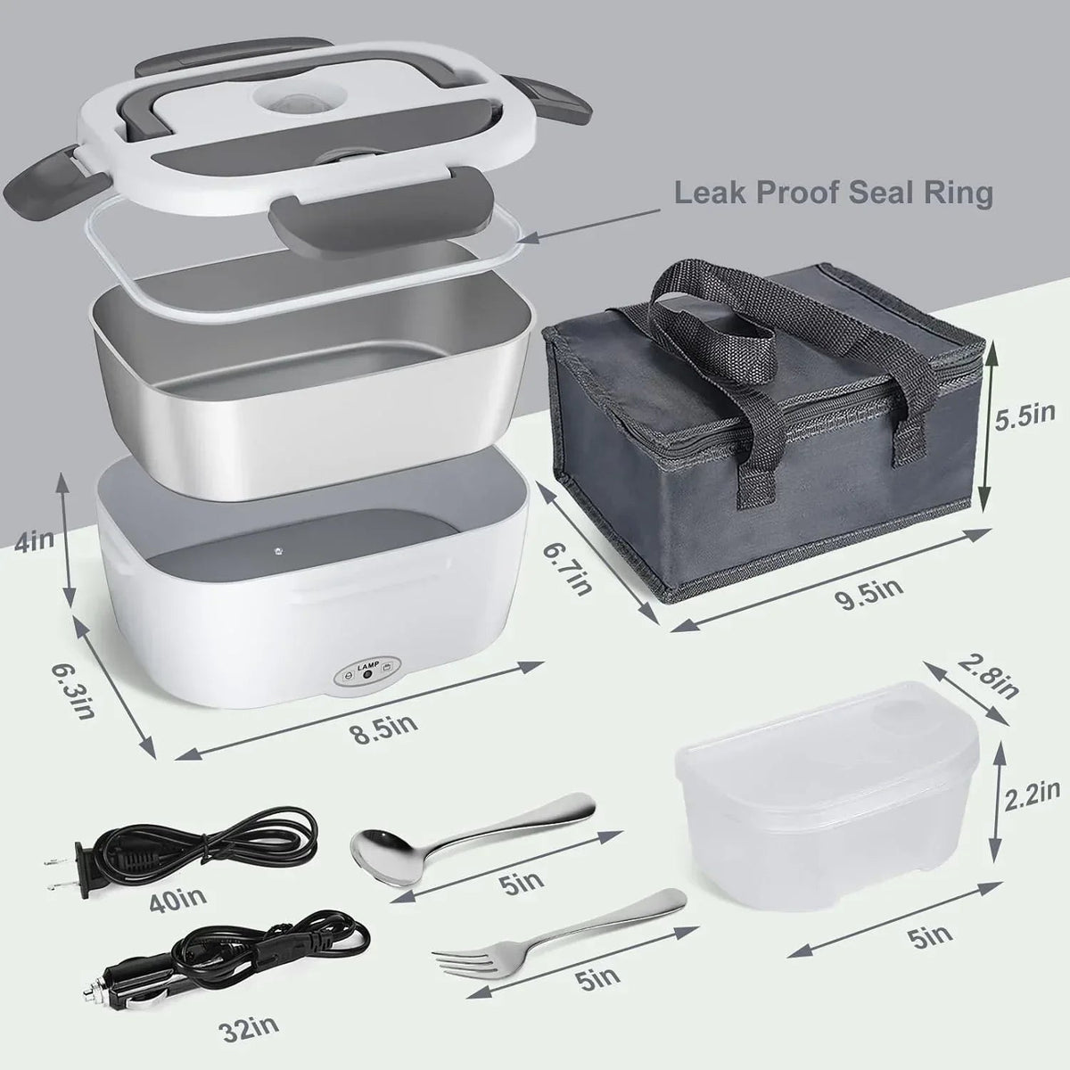 Electric Lunch Box Food Heater, AOKIWO 80W Electric Heating Lunch Boxes for Car/Men/Adults/Home/Work, 1.5L Removable 304 Stainless Steel Container, 110V/12V/24V, with Fork & Spoon