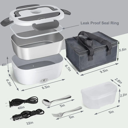 Electric Lunch Box Food Heater, AOKIWO 80W Electric Heating Lunch Boxes for Car/Men/Adults/Home/Work, 1.5L Removable 304 Stainless Steel Container, 110V/12V/24V, with Fork & Spoon