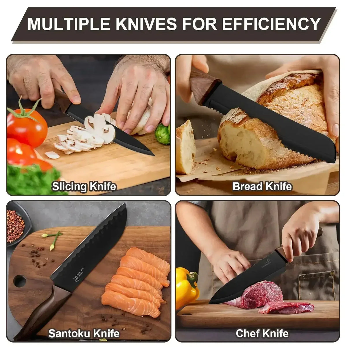 Walchoice 15 Pieces Knife Set with Block, High Carbon Stainless Steel Kitchen Knife Set with Sharpener, Rust Resistant & Dishwasher Safe