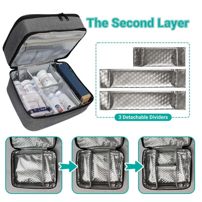 LAKYRIK Medicine Bag, Double Layers Pill Bottle Organizer Bag for Emergency Medication,Supplements or Medical Kits, Zippered Lockable Empty Medicine Bag for Home (Grey, M)