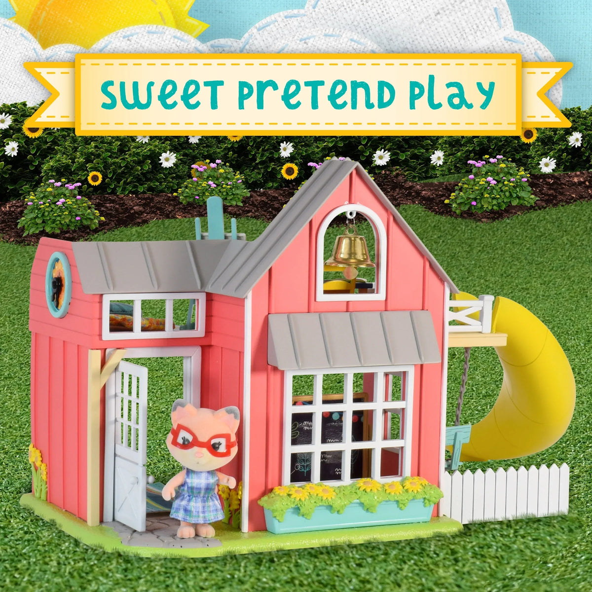 Honey Bee Acres Sunshine Meadow School – 21 Piece Miniature Dollhouse with Accessories & Exclusive Fox Figure – Pretend Play Set for Kids Ages 3+