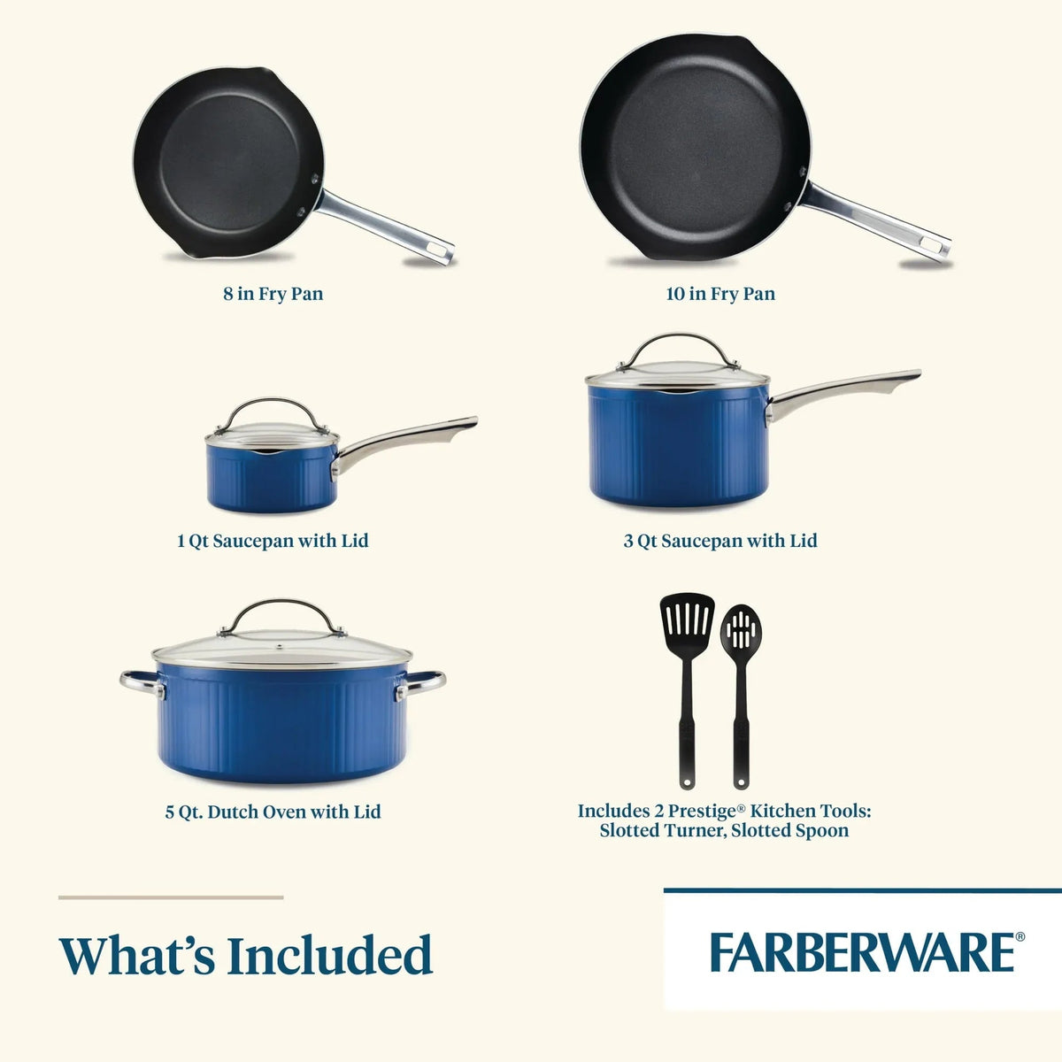 Farberware Style 10 Pcs Nonstick Cookware Set with Cooking Tools, Dishwasher Safe and Oven Safe to 500°F, Blue