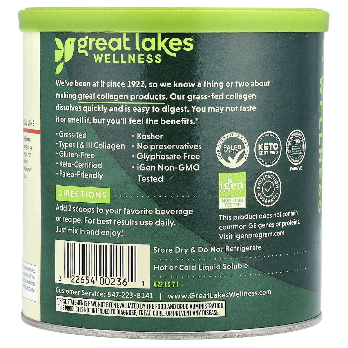 Great Lakes Wellness Sustainable Marine Collagen Peptides Powder for Skin, Hair, Nails, Joints & Digestion - Unflavored - Quick Dissolve Hydrolyzed, Wild Caught, MSC Certified, Non-GMO, Kosher - 16 oz