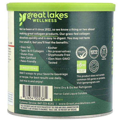 Great Lakes Wellness Sustainable Marine Collagen Peptides Powder for Skin, Hair, Nails, Joints & Digestion - Unflavored - Quick Dissolve Hydrolyzed, Wild Caught, MSC Certified, Non-GMO, Kosher - 16 oz