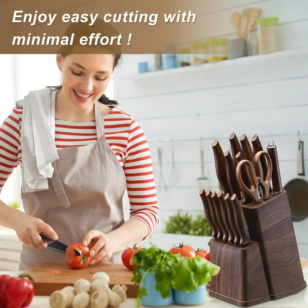 Vesteel Knife Set for Kitchen with Block, 15 Pcs High Carbon Stainless Steel Kitchen Knife Set with Self Sharpening