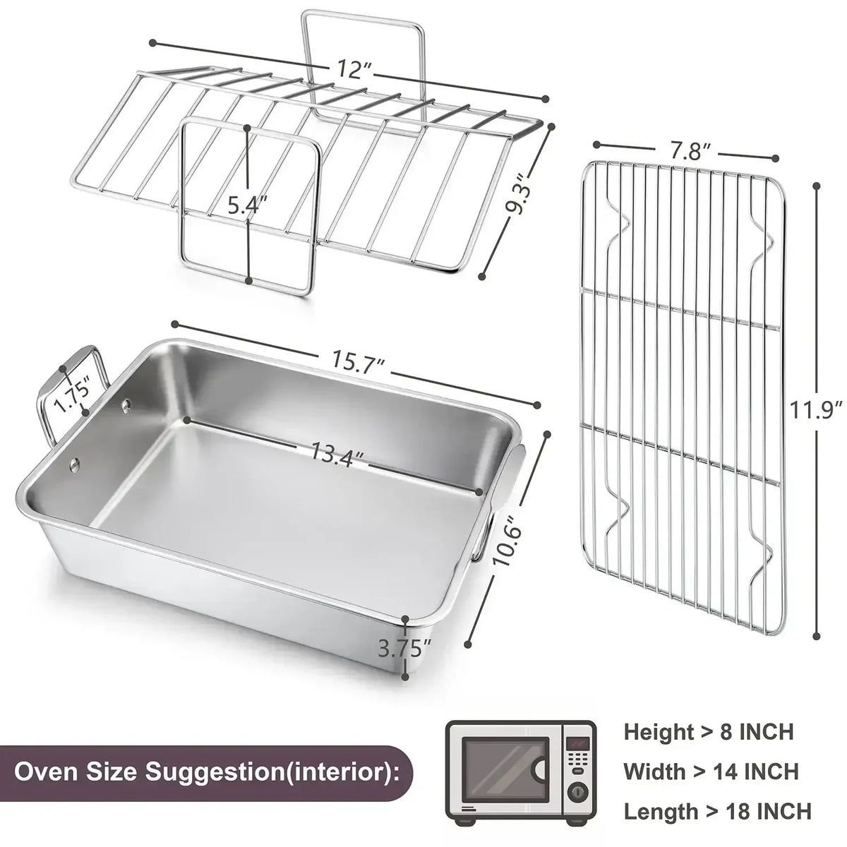 Walchoice Roasting Pan with Rack Set, Stainless Steel Large Turkey Roaster with V-shaped rack & Cooling Rack for Thanksgiving, Heavy Duty & Dishwasher Safe