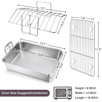 Walchoice Roasting Pan with Rack Set, Stainless Steel Large Turkey Roaster with V-shaped rack & Cooling Rack for Thanksgiving, Heavy Duty & Dishwasher Safe