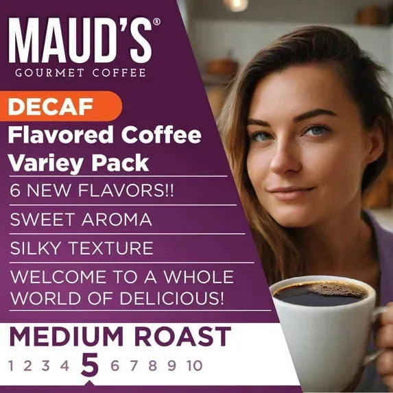 Maud's Flavored Decaf Coffee Pods Variety Pack, 24 ct, 6 Assorted Roasts & Flavors, Decaf Medium Roast Coffee in Recyclable Single Serve Pods - 100% Arabica Beans, Compatible with Keurig K Cups Maker