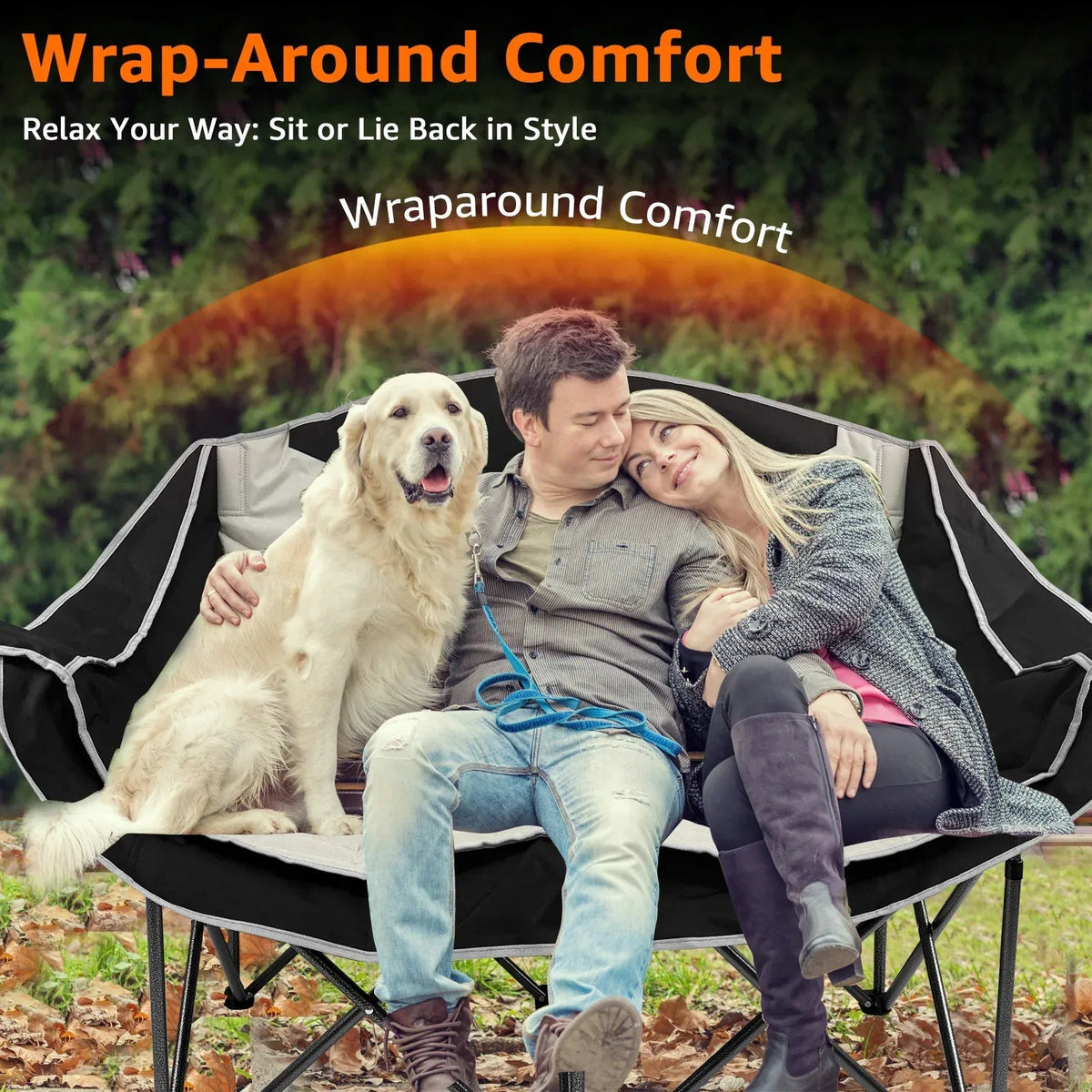Jacgood Double Camping Chair for Couples, Comfortable Folding Loveseat with 2 Cup Holders & Armrests, Heavy-Duty 660lb Capacity for Camping
