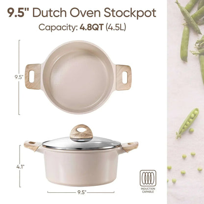 Carote Non Stick Ceramic Dutch Oven, Non Toxic Stockpot with Lid, Easy to Clean, All Stoves Compatible, 4.8QT, Taupe