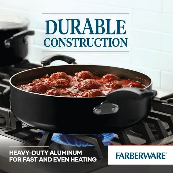 Farberware Easy Clean 6 Quart Nonstick Jumbo Cooker / Chef's Pan with Helper Handle and Glass Lid, Great for Family Meals, Dishwasher Safe, Black