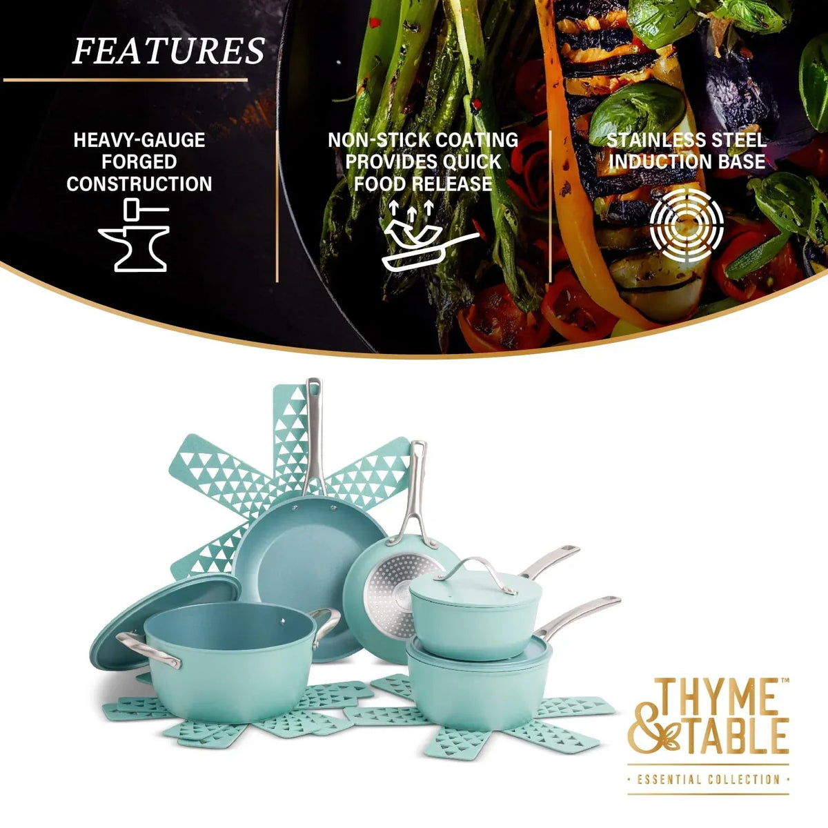 Thyme & Table 12 Piece Non-Stick Acadia Cookware Set, Pots and Pans Set - Blue