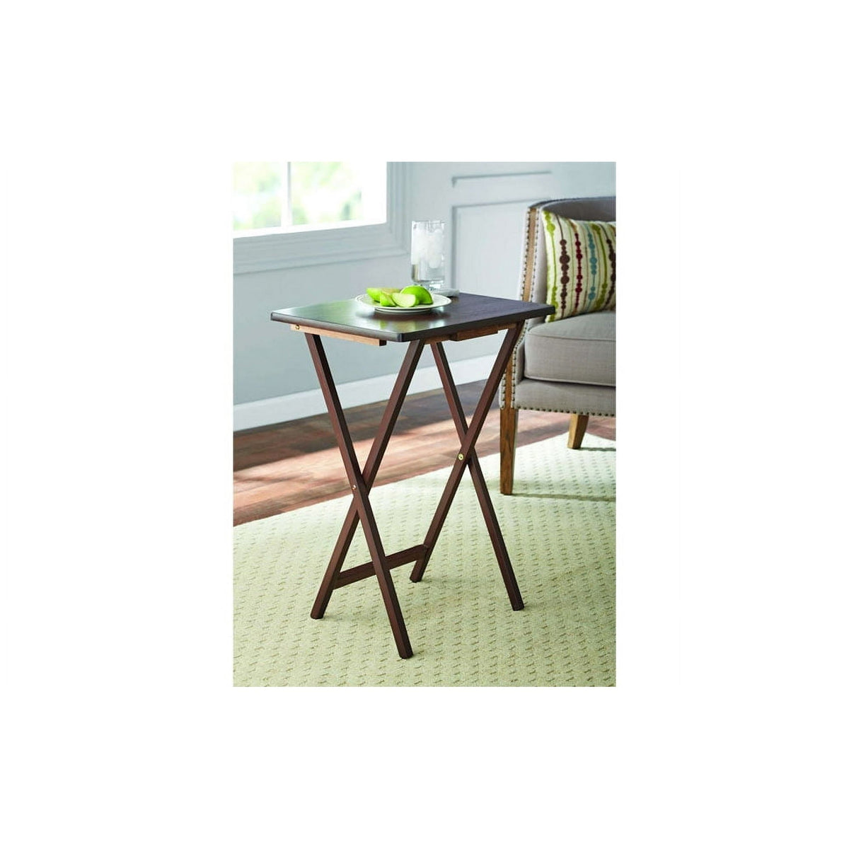 Mainstays Modern Indoor Folding Tray Table Set of 2, Walnut Finish, Solid Rubberwood, 19 x 14.5 x 26 Inches