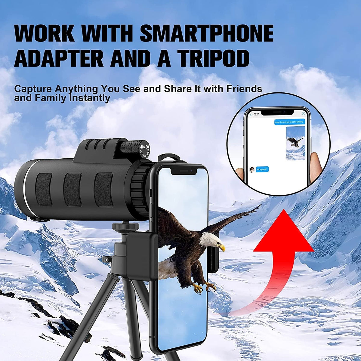 Scootworks 40x60 Monocular Binoculars for Adults, HD Binoculars with Low Light Night Vision, Clear FMC BAK4 Prism Lens, Binoculars for Hunting Birds Watching Traveling Stargazing Outdoor Sport
