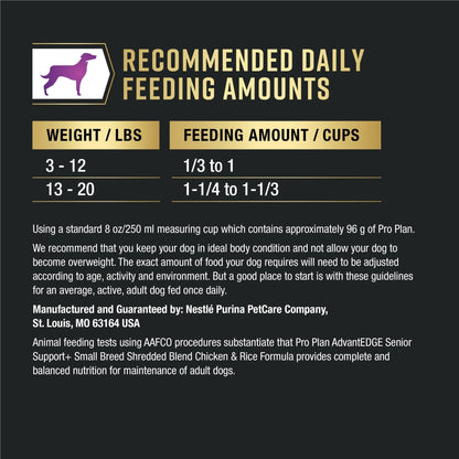 Purina Pro Plan AdvantEDGE Small Breed Senior Support Plus Chicken and Rice Formula Shredded Blend Dry Dog Food for Senior Dogs, 3.5 lb Bag