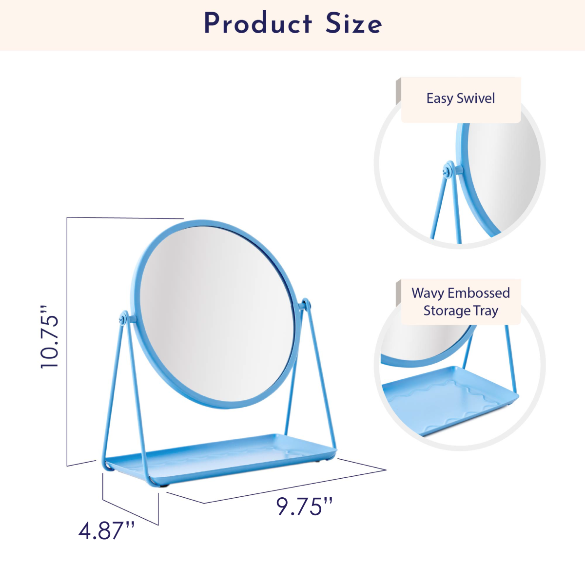 Mainstays by Becky G. & Alejandra 9.65" Round Tabletop Mirror with Metal Tray, Blue