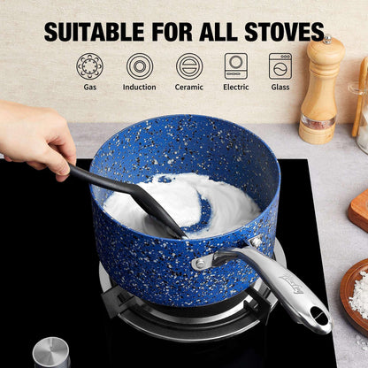 HLAFRG 1 Quart Saucepan with Lid, Ultra Nonstick Sauce Pan with Lid, Granite Nonstick Saucepan 1 quart, Small Sauce Pot, Blue Pot 1 Qt, Small Pot with Lid, Aluminum Sauce Pan 1 Qt
