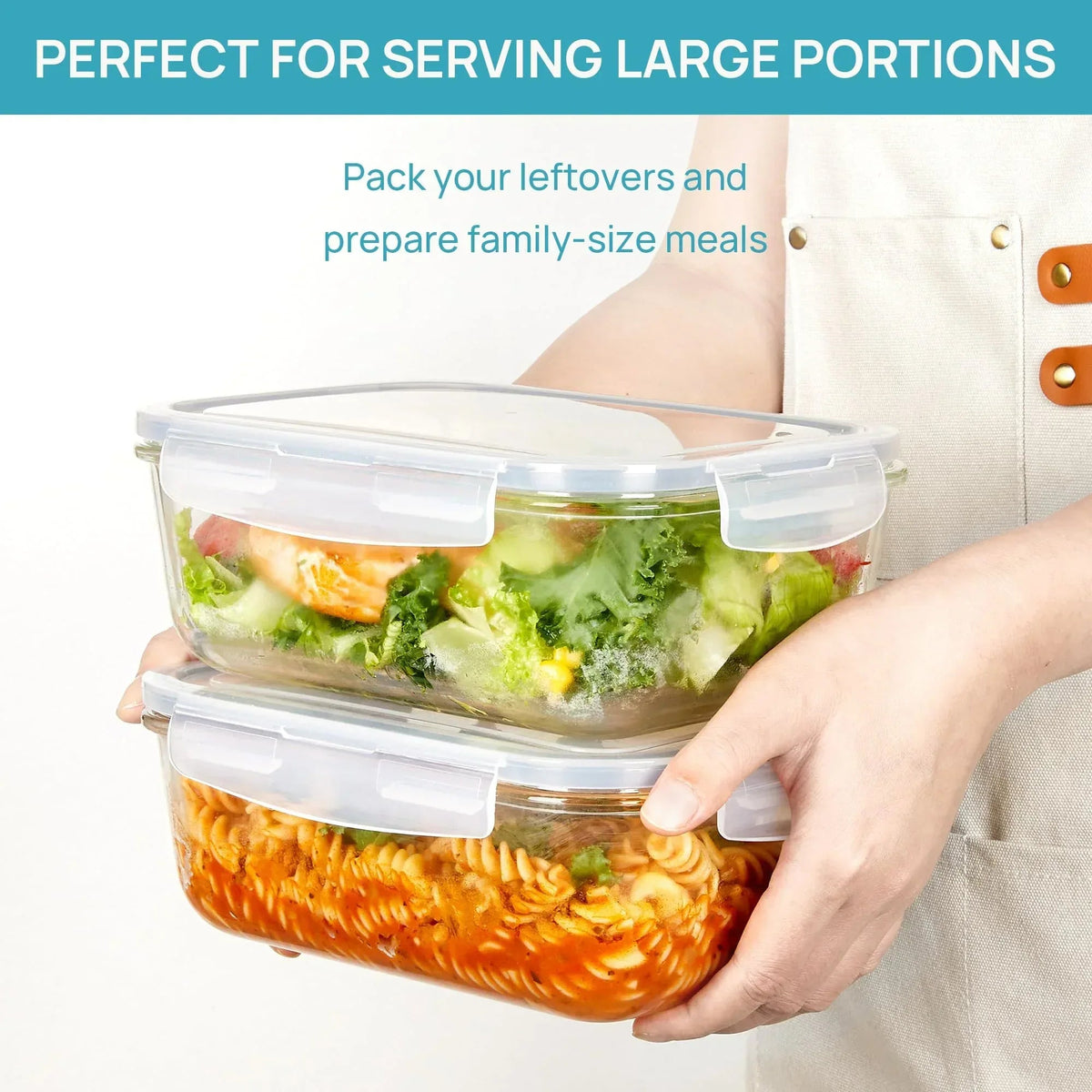 2Pack 1860ml/ 63oz Large Glass Storage Containers with Lids, Meal Prep Food Container Set with Snap Airtight Lid for Baking, Microwave, Oven, Leak Proof, for Freezer, Dishwasher, Grey