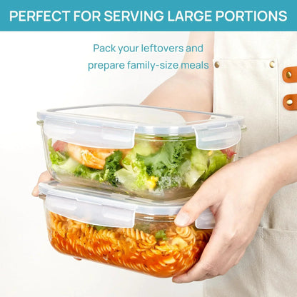 2Pack 1860ml/ 63oz Large Glass Storage Containers with Lids, Meal Prep Food Container Set with Snap Airtight Lid for Baking, Microwave, Oven, Leak Proof, for Freezer, Dishwasher, Grey