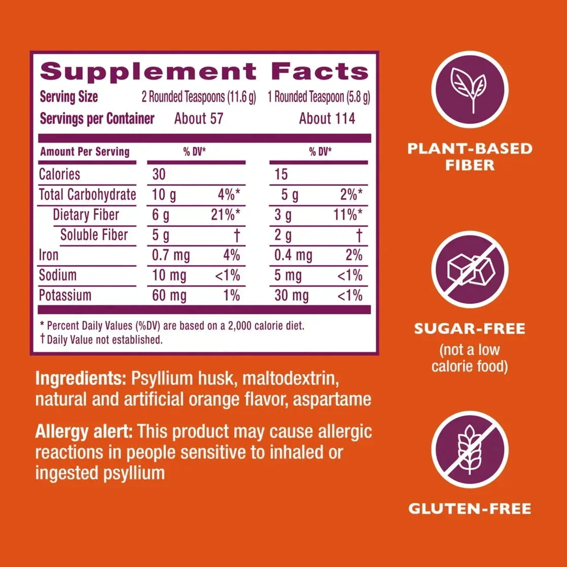 Metamucil Sugar-Free Fiber Supplement Powder for Daily Digestive Health, Orange Flavor, 30 Servings