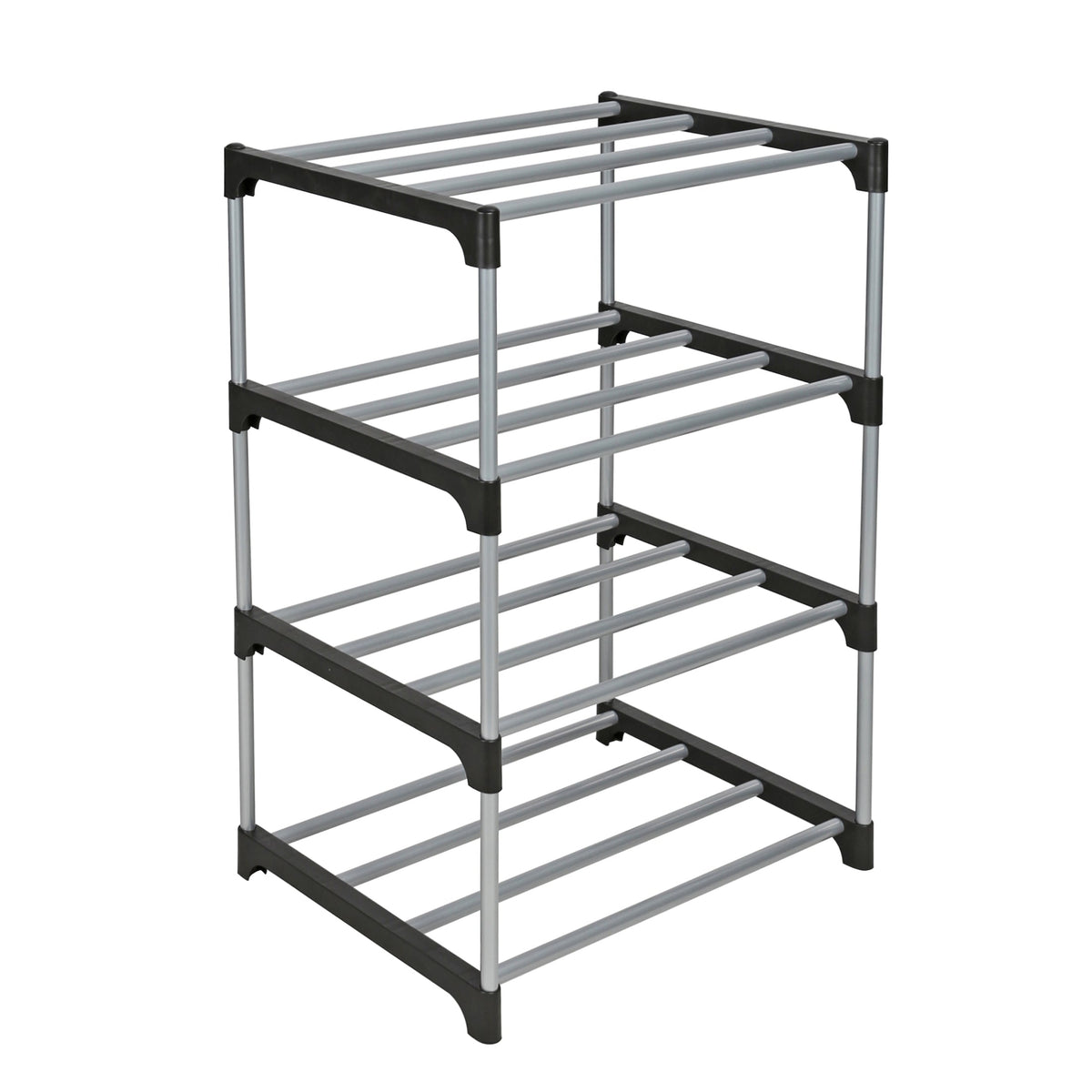 Mainstays 4 Tier Shoe Rack, Black and Silver, 8 Pairs of Shoes, Metal Tubes & Plastic Connectors