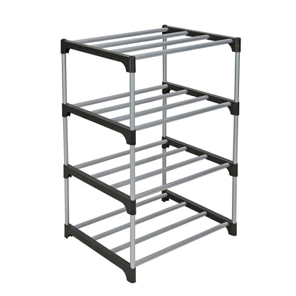 Mainstays 4 Tier Shoe Rack, Black and Silver, 8 Pairs of Shoes, Metal Tubes & Plastic Connectors