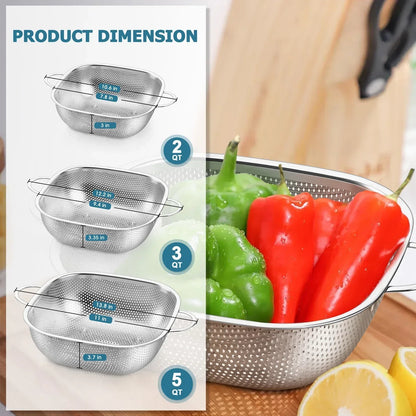 VeSteel Colander Set of 3, Stainless Steel Micro-Perforated Colanders Strainers for Draining Rinsing Washing, Ideal for Pasta Vegetables Fruits, Heavy Duty & Dishwasher Safe