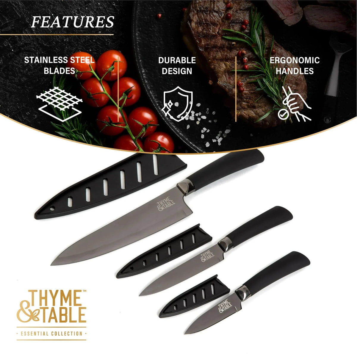 Thyme & Table 3-Piece, Non-Stick Coated High Carbon Stainless Steel Kitchen Knives
